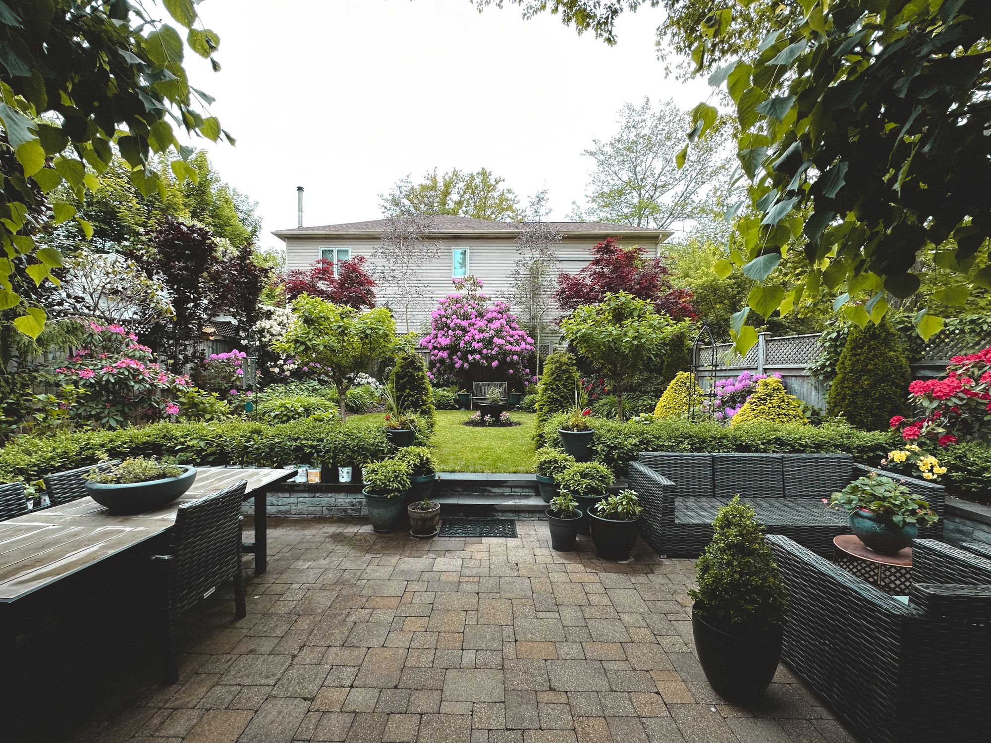 A landscaped residential garden with a lawn, planting beds, and stone patio